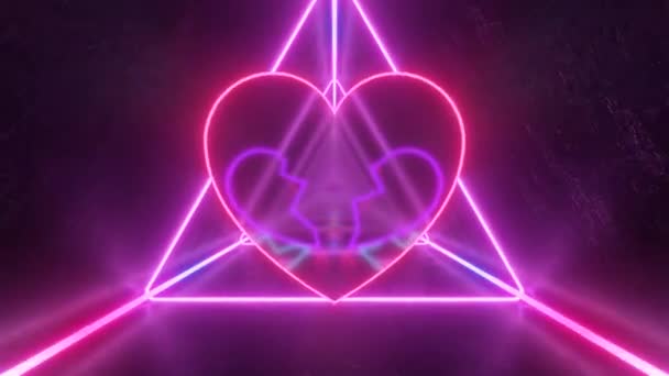 Neón brillante corazón partido roto agrietado amor símbolo luces túnel - 4K Seamless VJ Loop movimiento fondo animación — Vídeo de stock