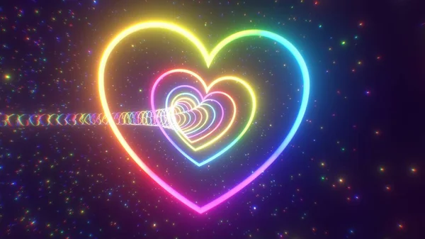 Krásná Rainbow Heart Twisted Tunnel Rychlost Světla Jiskřivé Hvězdy Abstraktní — Stock fotografie