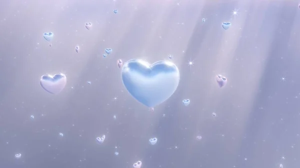 Spinning Shiny Love Heart Shapes Float Sparkle Cloudy Heavenly Sky — Stock Fotó