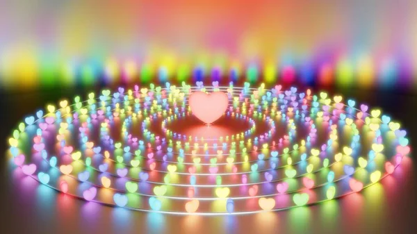 Abstract Romantic Rainbow Glowing Heart Rings Circle Spinning Shine Abstract — Fotografia de Stock