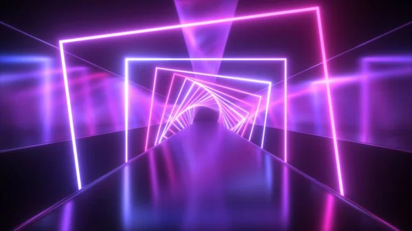 Future Neon Laser Twist Squares Fluorescent Ultraviolet Lights Tunnel Abstract — Stock Photo, Image