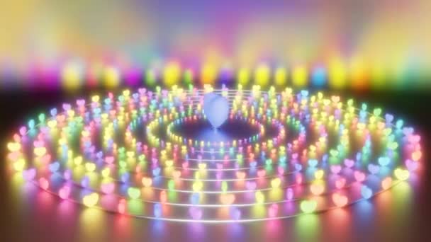 Abstract Romantic Rainbow Glowing Heart Rings Circle Spinning Shine Seamless — Αρχείο Βίντεο