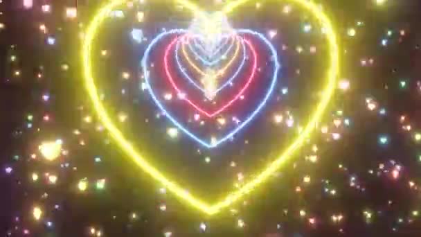 Nekonečné Rainbow Heart Shape Tunnel Waves Zářící Blikající Neonová Světla — Stock video