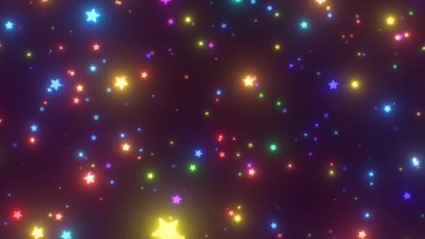 Flying Field Tiny Rotating Rainbow Star Shapes Neon Glow Lights — Wideo stockowe