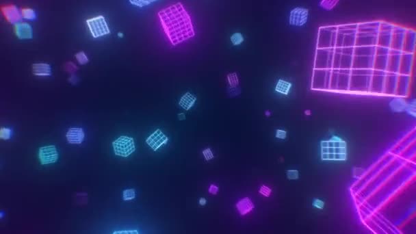Flying Wireframe Cubes Synthwave Retro Neon Ultraviolet Glow Seamless Loop — Stock Video