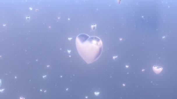 Spinning Shiny Love Heart Shapes Float Sparkle Cloudy Heavenly Sky — Vídeo de Stock