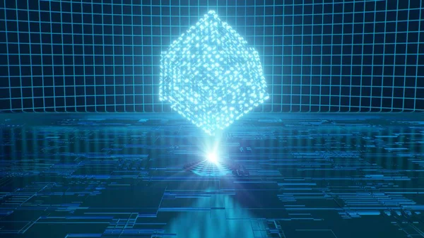 Digital Data Cube Sci-Fi Light Hologram Technology Blockchain Concept - Abstract Background Texture