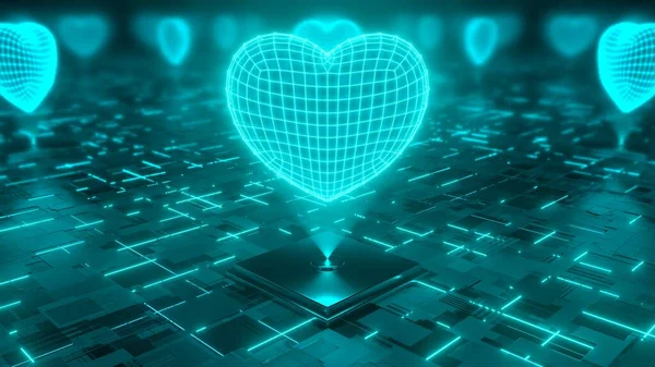 Futuristic Glowing Love Heart 3D Neon Hologram Spinning Digital Scan - Abstract Background Texture