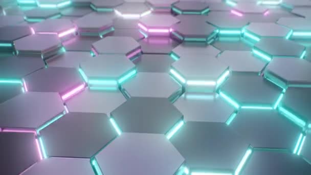 Abstraktní Sci Neon Glow Hexagon Cell Matrix Pohyby Světla Flash — Stock video