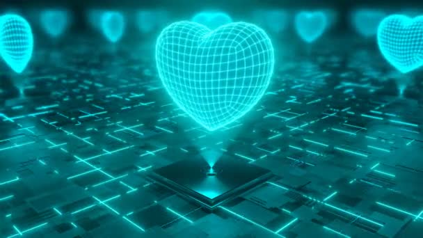 Futurista Brilhante Coração Amor Neon Holograma Spinning Digital Scan Seamless — Vídeo de Stock