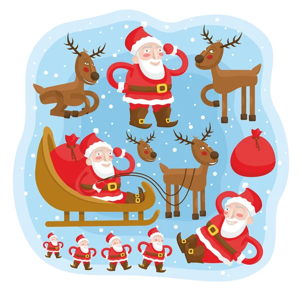 Santa Claus with reindeer and sleigh fun set — Stock Vector