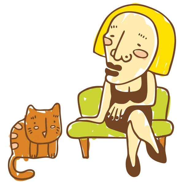 Senhora no sofá e o gato — Vetor de Stock