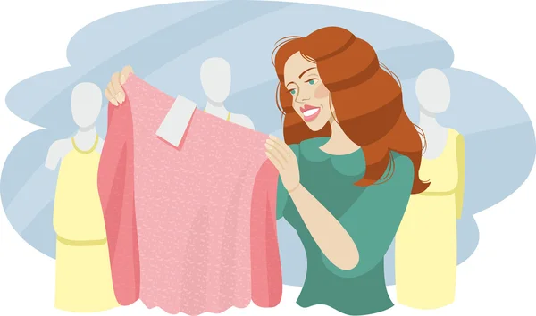 Девушка выбирает блузку в магазине — стоковый вектор