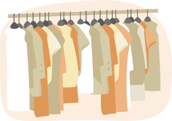 Beaucoup de vêtements ocre sur cintres — Image vectorielle