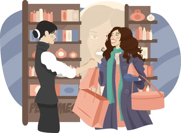 Girl with purchases in the perfume boutique — Stock Vector