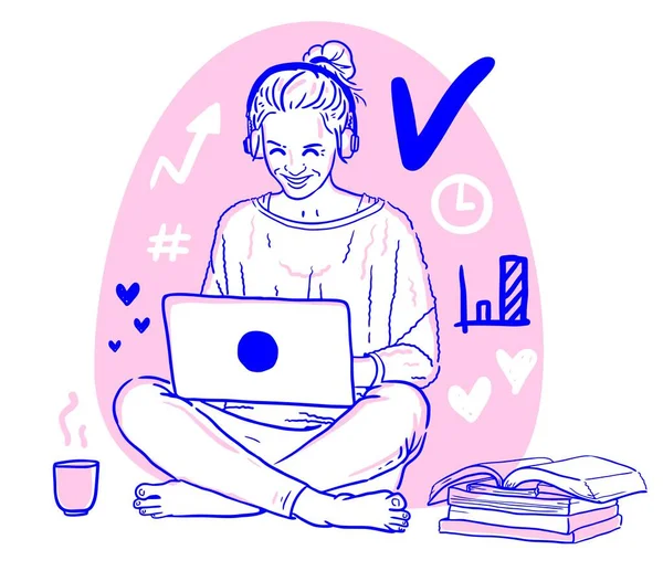 Cute Girl Headphones Laptop Books Sitting Floor Working Online Vector — Stock Vector