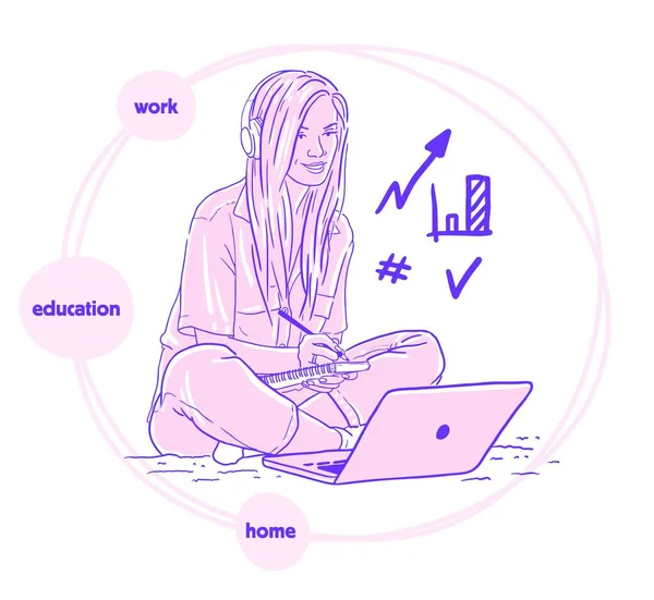 Menina Bonito Fones Ouvido Com Laptop Sentado Chão Trabalhando Desenho — Vetor de Stock