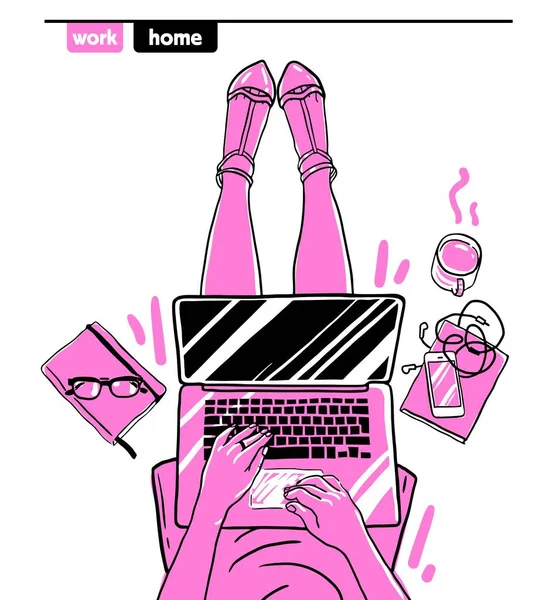 Girl Laptop Working Top View Vector Sketch Pink Black — Stock Vector