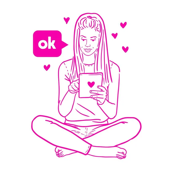Girl Tablet Sitting Lotus Position Romantic Communication Net Vector Drawing — Stock Vector