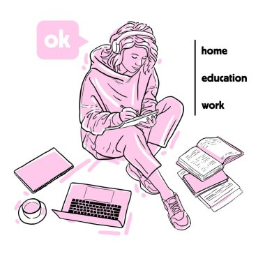 Kulaklıklı genç kız laptop vektör grafiklerinde ödev yapıyor.