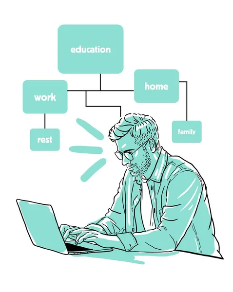 Homem Fazendo Tarefas Esboço Vetor Laptop —  Vetores de Stock