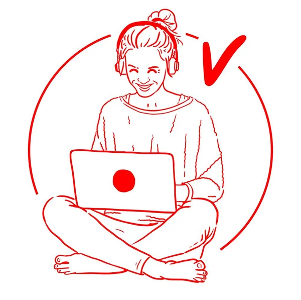 Cute Girl Headphones Laptop Sitting Floor Done Vector Drawing — Stock Vector