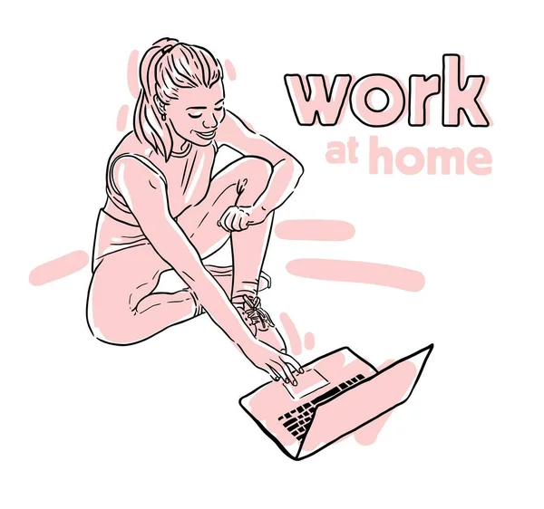 Mädchen Mit Laptop Arbeitet Hause Vektorskizze — Stockvektor