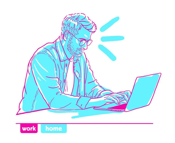Man Working Laptop Vector Sketch Pink Blue — Stock Vector