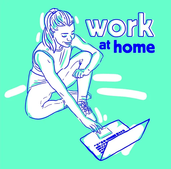 Sports Girl Laptop Working Home Vector Sketch — Stock Vector