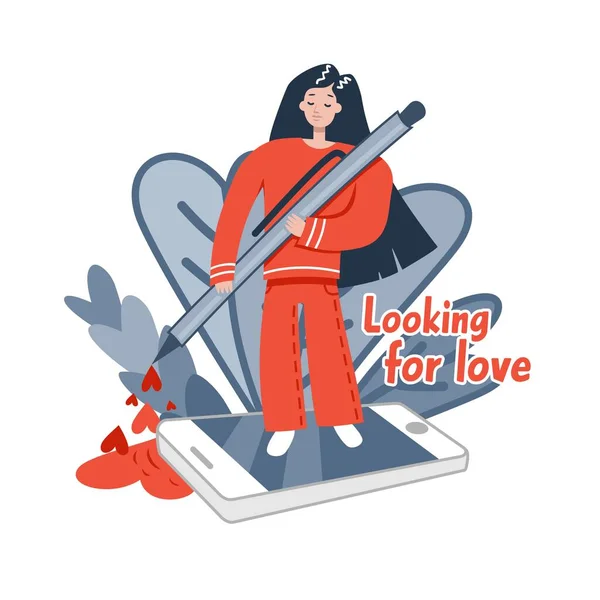 Girl Red Smartphone Looking Love Vector Illustration — Stock Vector