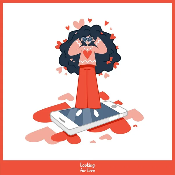 Woman Red Clothes Binoculars Stands Smartphone Looking Love Vector Illustration — Stock Vector