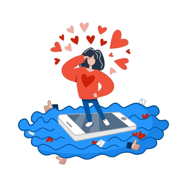 Man Red Sweater Swims Smartphone Looking Love Vector Illustration — Stock Vector
