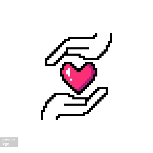 Pixel Art Icon Heart Two Hands — Stock Vector