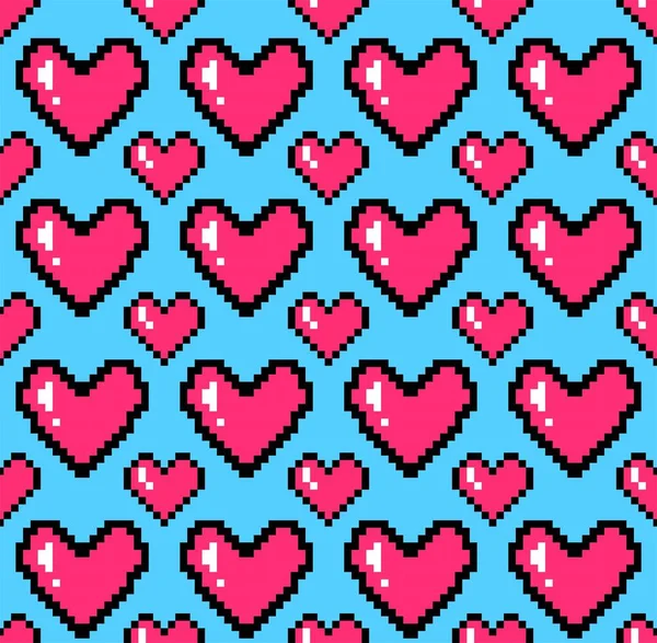 Pixel Art Wzór Różowe Serca Niebieskim Tle — Wektor stockowy