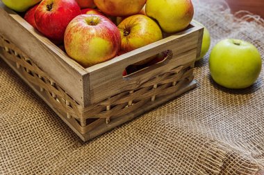 olgun sulu kırmızı ve yeşil elmalar kişisel bir bahçede yetişiyor ahşap bir kutuda çuval bezi üzerinde yakın