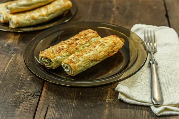 Homemade Pancakes Filled Feta Cheese Herbs Brown Glass Plates Wooden — Stock Photo, Image