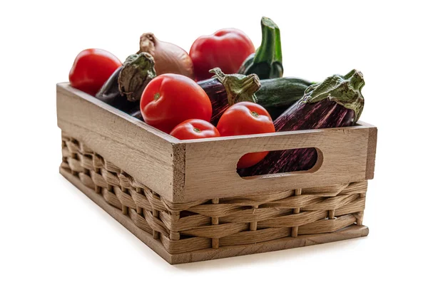 Fresh Vegetables Wooden Basket Isolated White — Stock Photo, Image