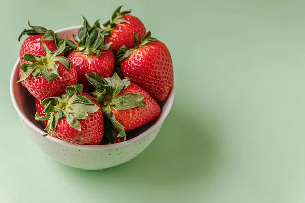 Fragrant Ripe Strawberries Ceramic Bowl Light Green Surface — Stock Photo, Image