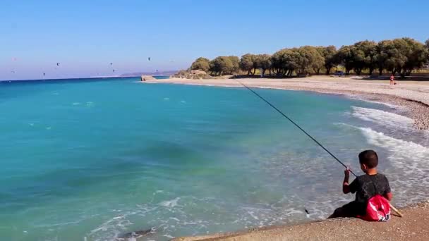 Rodas Grecia Septiembre 2018 Pesca Windsurf Vacaciones Rodas Grecia Las — Vídeos de Stock