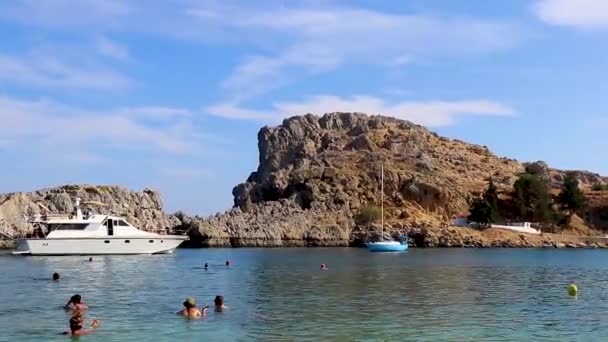 Rhodes Greece September 2018 Pauls Bay Lindos Beach Panorama View — Stock Video