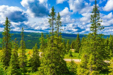 Norveç 'in güzel manzara manzarası Favang Kvitfjell Kayak alanı Dağlar kulübeleri, kulübeler ve bulutlu gökyüzü.