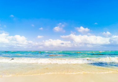 Playa del Carmen Mexico 'da berrak turkuaz mavi suyu olan tropik Meksika sahili manzarası..
