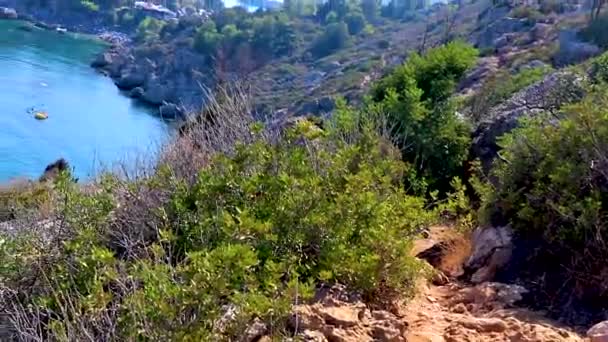 Anthony Quinn Bay Panorama Met Uitzicht Turquoise Helder Water Faliraki — Stockvideo
