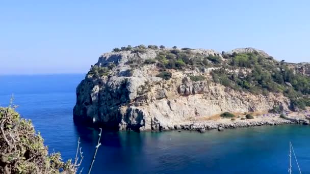 Anthony Quinn Bay Nature Panorama View Turquoise Clear Water Faliraki — Stock Video