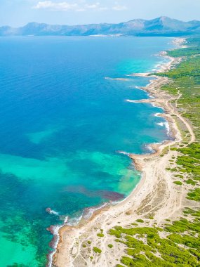Doğal kıyı ve sahil insansız hava araçları Alcudia Körfezi 'nden turkuaz su dalgaları ve ormanlar ile İspanya' nın Balear Adası Mallorca 'daki Can Picafort' ta Playa del Muro.