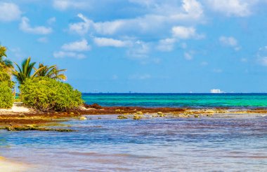 Playa del Carmen Meksika 'daki Punta Esmeralda' dan tropik Meksika plajı ve panorama manzarası.