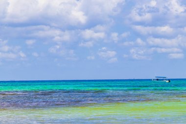 Cozumel Adası ile Playa 88 'den tropikal Meksika plaj manzarası ve Playa del Carmen Meksika' dan Punta Esmeralda arasındaki tekne ve yatlar..