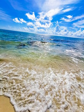 Playa 88 ve Playa del Carmen Meksika 'daki Punta Esmeralda' dan gelen turkuaz mavisi, berrak su cenote ve kaya taşlarıyla tropik Meksika sahili manzarası..