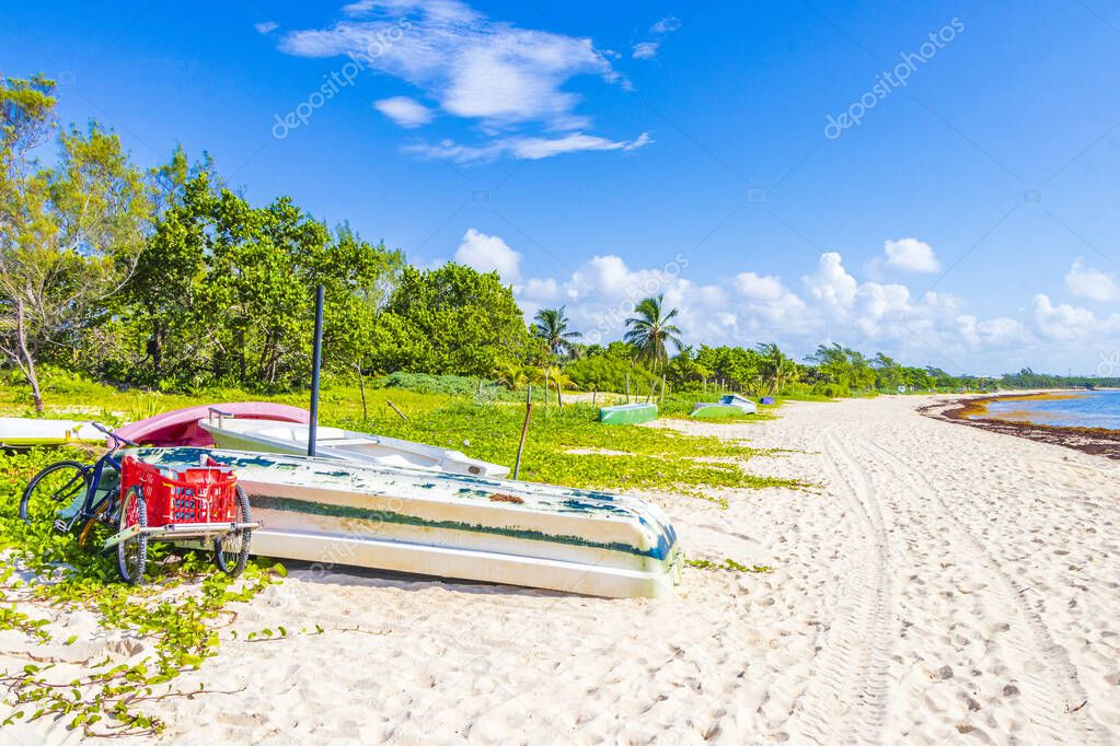 Boats canoes and bicycle at tropical mexican beach panorama view with natural forest from Playa 88 and Punta Esmeralda in Playa del Carmen Mexico.