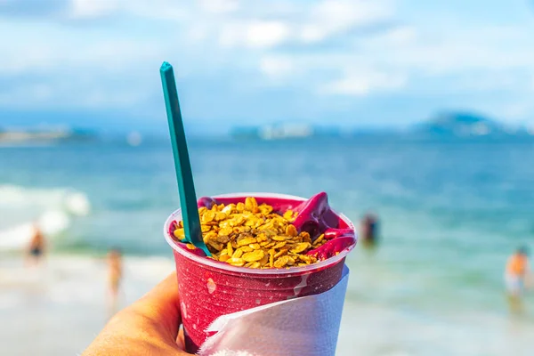 Brasiliansk Superfood Berry Acai Mugg Som Guanabara Bay Flamengo Beach — Stockfoto